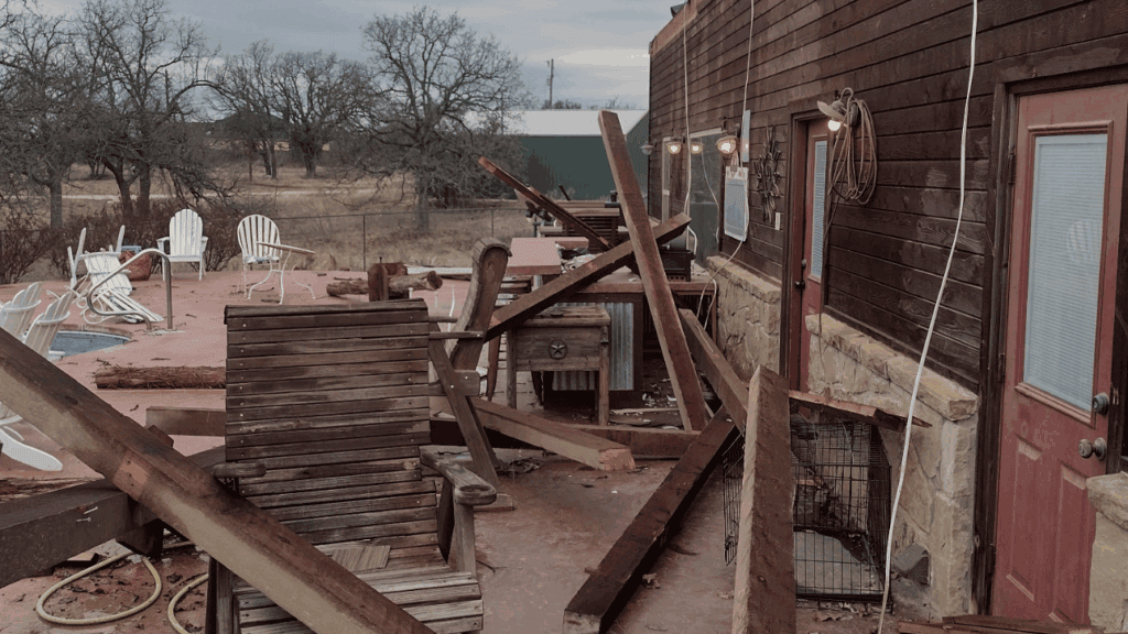 Wind damage caused by tornado in North Texas.