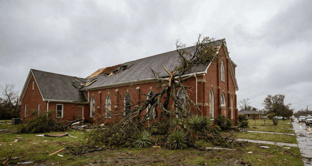 Church property damage by storm in Aledo.